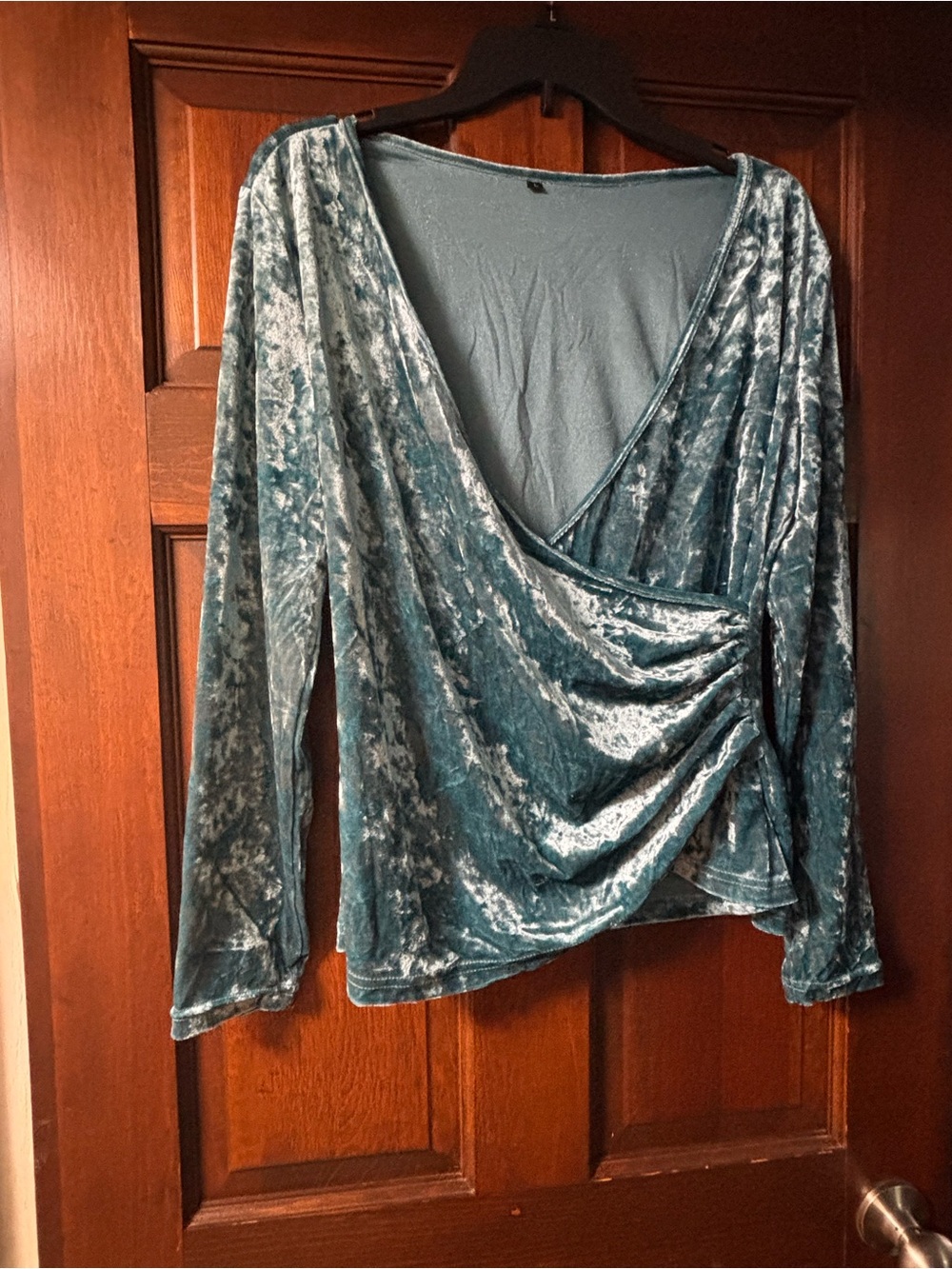 Velvet Wrap-Style Long Sleeve Top in Teal